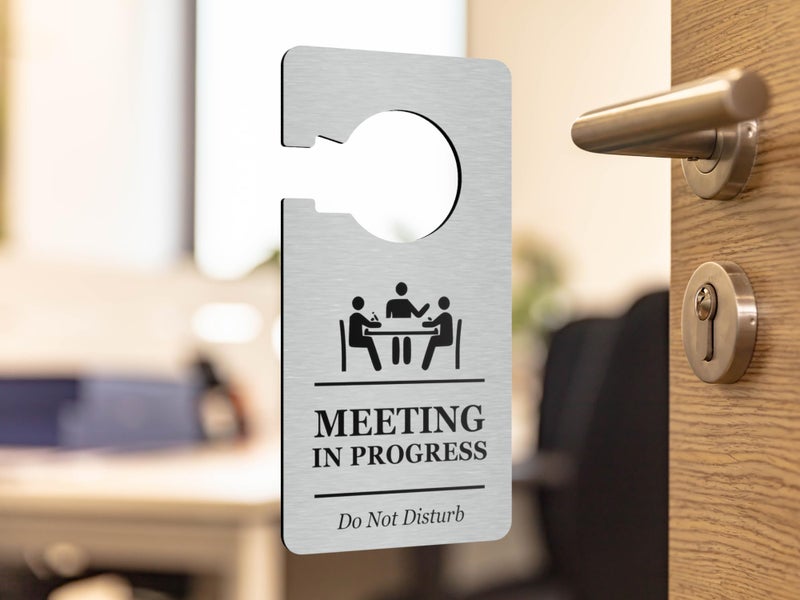 origin Meeting In Progress Do Not Disturb - Room Or Door Hanger Sign. Use In Home Office. Made In SILVER Acrylic - For Use In Business, Corporate, Hotels, Workplace. Global Shipping - Image 2